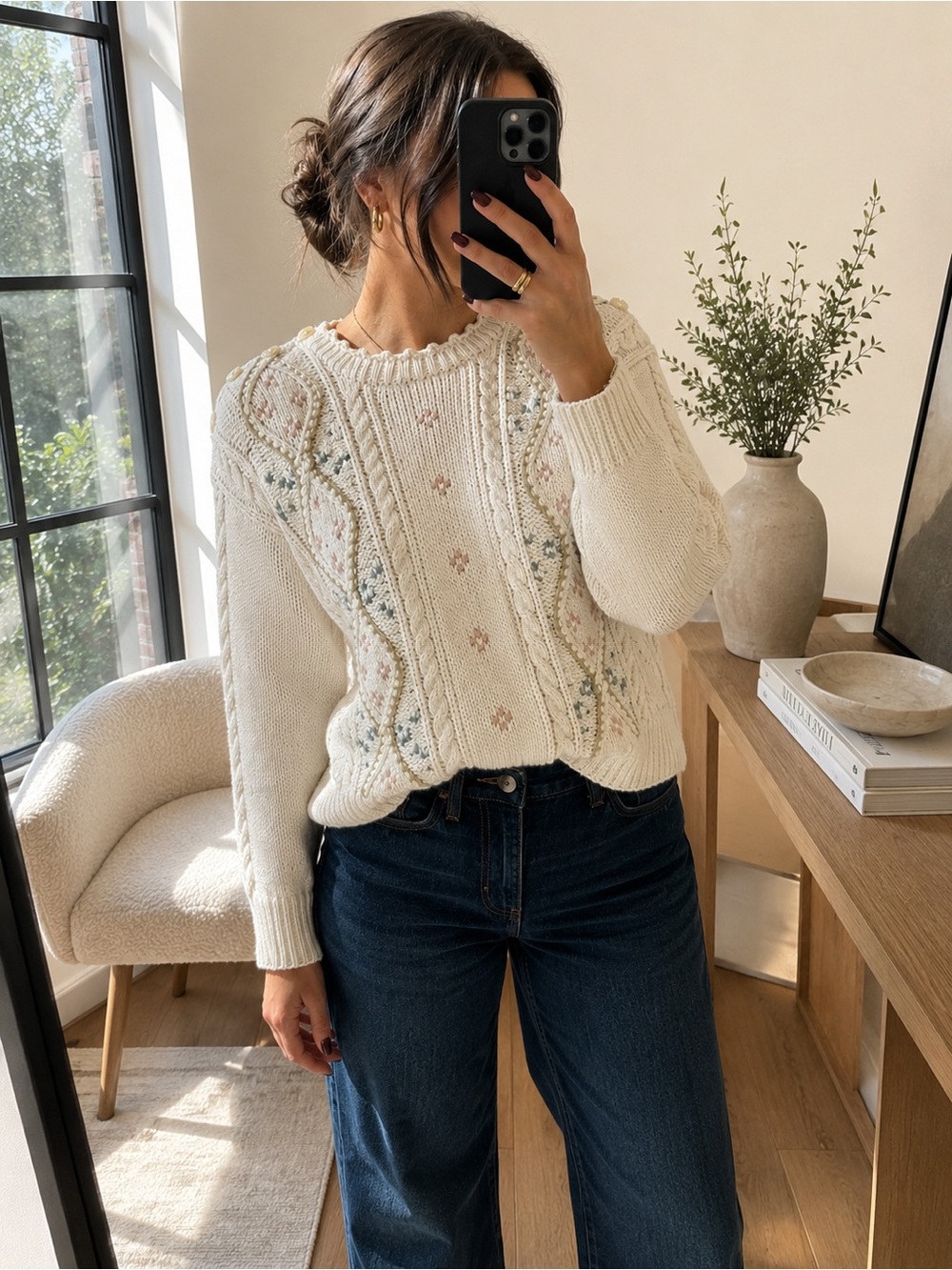 Vintage 90s Liz Claiborne Hand Knit Cable Sweater Floral Cotton Cottagecore - Picture 7 of 7